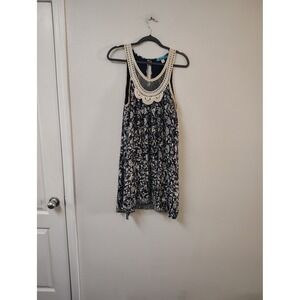 Buttons Womens Navy Blue White Floral Crochet Bib Neck Sleeveless Mini Dress L